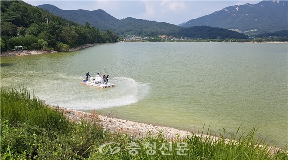한국농어촌公 공주지사가 10일 경천저수지에서 녹조방제 작업을 펼치고 있다(제공 = 한국농어촌公 공주지사)