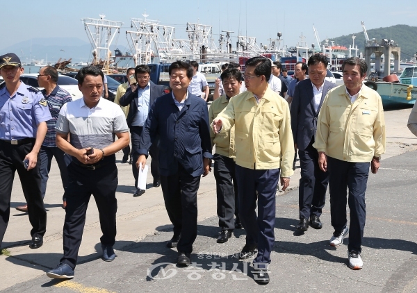 양승조 충남지사가 김동일 보령시장을 비롯한 관계자들과 대천항 일원에서 어선 대피와 선박결박상태를 점검하고 있다.