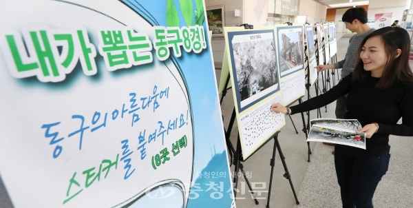 지난 2일 한 동구청 직원이 1층 로비에 전시된 '동구 8경' 사진에 스티커를 붙이고 있다.
