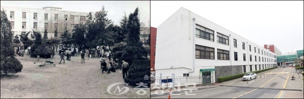 충남대 구 문리과대학(왼쪽)과 현 충남대학교병원 행정동 모습.(사진=충남대 제공)