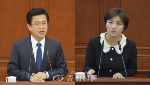 김소연(오른쪽) 시의원이 28일 시정질의에서 허태정(왼쪽) 시장에게 대전시정 행정력과 소통부재에 대해 강하게 비판했다. (사진=이성현 기자)
