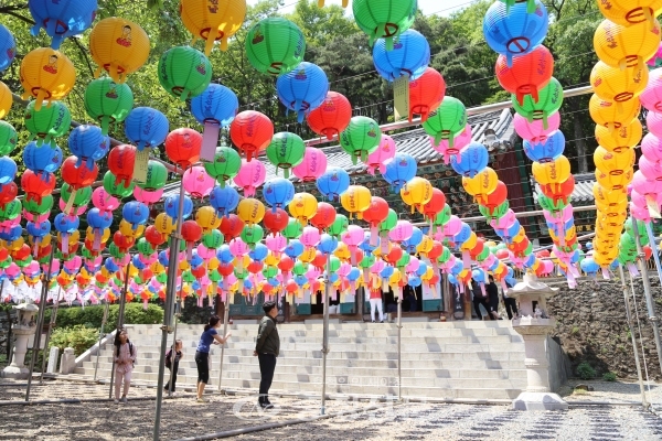 12일 대전 고산사의 대웅전 앞에 형형색색 연등을 달아 부처님의 탄생을 축하하고 있다. (사진=최홍석 기자)