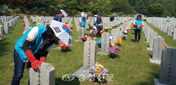 대전·충남재향군인회 여성회 회원들이 묘비 세척활동을 하고 있다. (사진=보훈청 제공)
