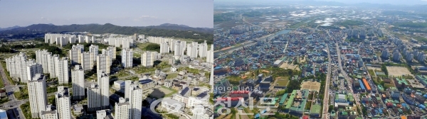 진천군 덕산면에 있는 충북혁신도시(왼쪽)와 진천읍 전경. (사진=진천군 제공)