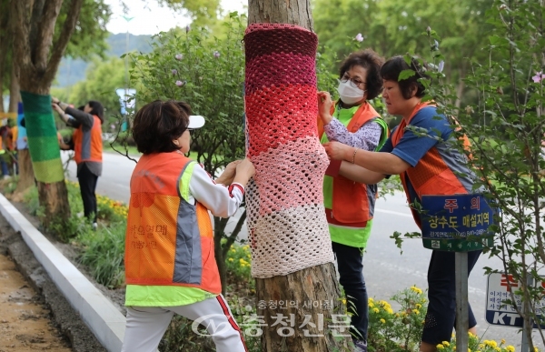 계룡시는 20일 지역주민들을 비롯한 관내 기관 및 단체, 군부대 관계자 70여명이 참여해 ‘가로수 나무 옷 입히기’ 행사를 가졌다. (사진=계룡시청 제공)