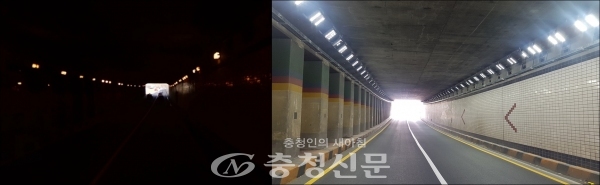대전시 지하차도 LED조명 설치 전(왼쪽), 후 비교.(사진=대전시 제공)
