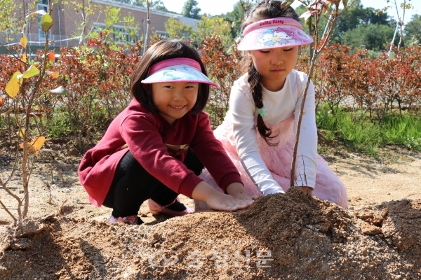 14일 진천유치원 원아들이 블루베리 나무를 심은 후 흙을 덮고 환하게 웃고 있다. (사진=진천유치원 제공)
