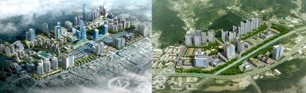 (왼쪽부터)대전 동구 역세권지구 혁신도시 건설 구상도, 대덕구 연축지구 혁신도시 건설 구상도. (사진=대전시 제공)