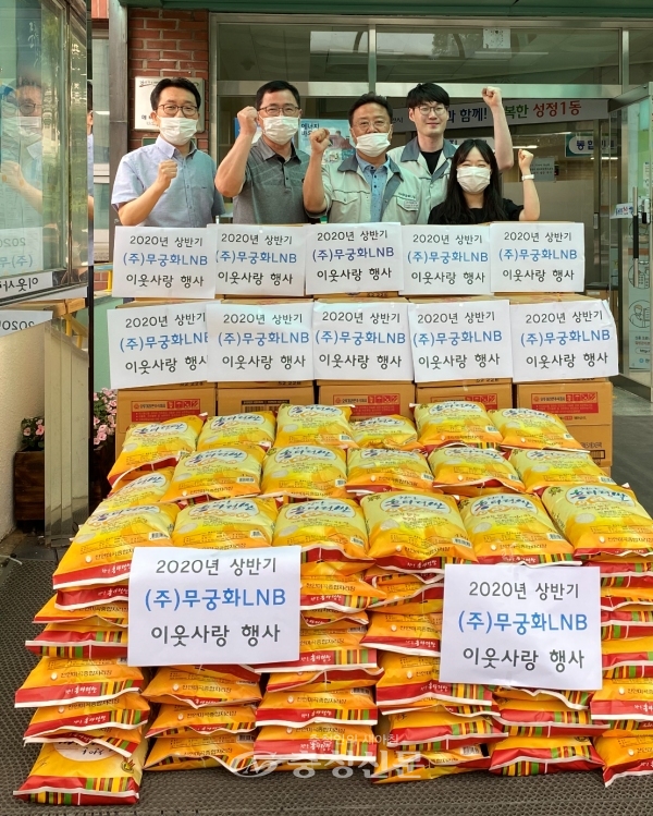 ㈜무궁화LNB와 성정1동의 쌀·라면 전달식   (사진=천안시 제공)