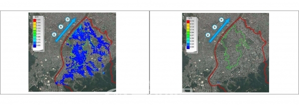 유천2지역 도시침수대응사업 공사 전(왼쪽)·후 침수예측 비교.(사진=대전시 제공)