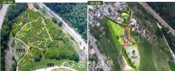금강생태공원 숲정이(왼쪽)와 마을정원(오른쪽) 조감도. (사진=동구 제공)