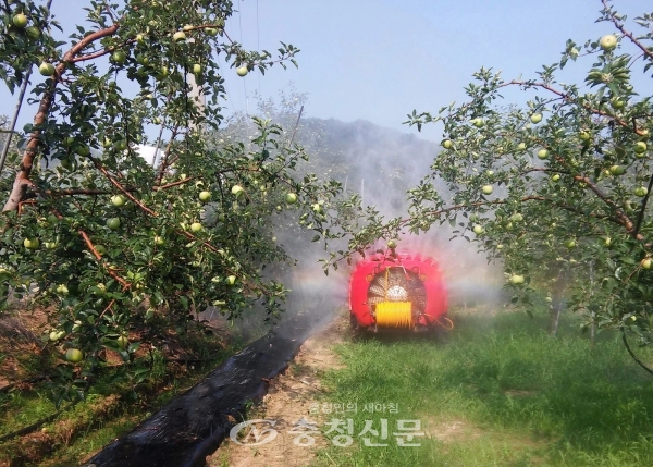 과수화상병 예방약제 살포장면 (충청신문DB)