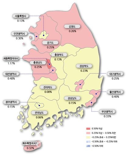 1월 3주 시도별 아파트 전세가격지수 변동률. (자료제공=한국부동산원)