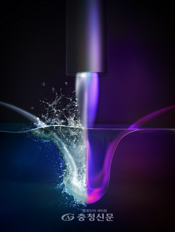 기체 제트의 이온화를 통한 액체 표면의 안정화를 모사한 삽화.(제공=KAIST)