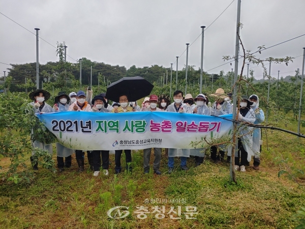 홍성교육지원청은 지난 21일 갈산면 사과농장에서 지역사랑 농촌 일손돕기 봉사활동을 펼쳤다. (사진=홍성교육청 제공)