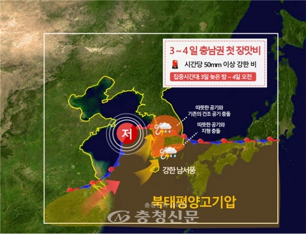 7월 3일 늦은 밤~4일 오전 기압계 모식도 (대전지방기상청 제공)