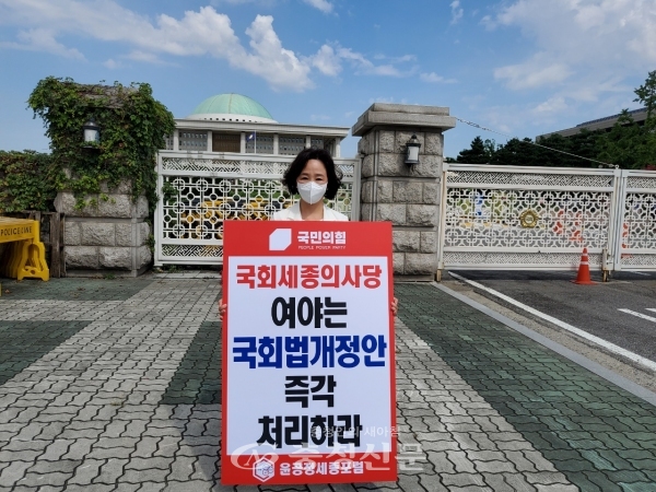 송아영 윤공정포럼 전국공동대표가 국회 정문 앞에서 국회법 개정안 통과를 촉구하는 1인시위를 벌이고 있다.