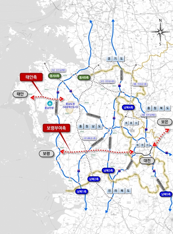 제2차 국가도로망 종합계획에 반영된‘보령·부여축 고속도로’와 ‘태안축 고속도로’ 위치.