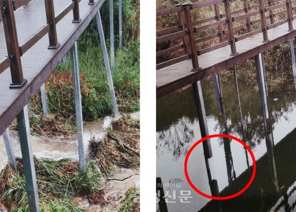 왼쪽 천흥저수지의 수변 데크로드 공사전 오른쪽 공사후(사진=천안시 제공)