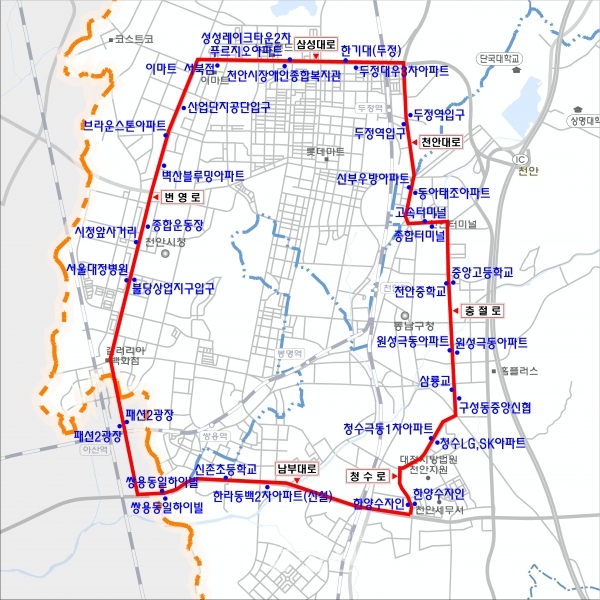 다음달 1일부터 개시되는 천안시내 운행 도심순환급행버스 노선도 및 정류장 (사진=천안시 제공)