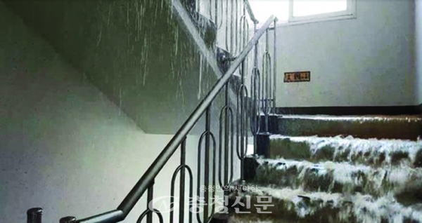 서울의 한 아파트 옥내 소화전 밸브가 한파로 터지면서 물이 계단을 타고 흘러 주민들이 큰 불편을 겪었다. (사진=소방본부 제공)
