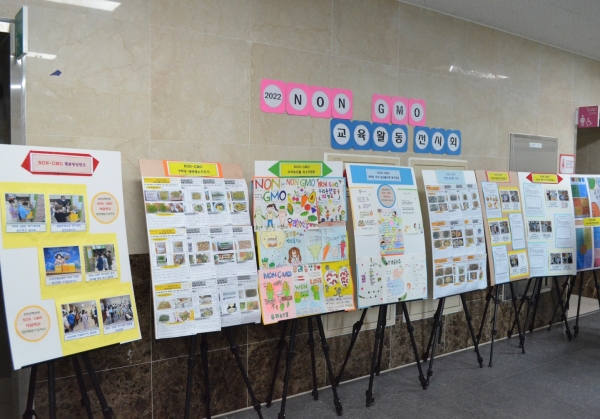 ▲ 지난 11월 9일부터 11일까지 대전매봉초등학교 급식실로 가는 통로에는 'NON-GMO 교육 활동 전시회'가 열렸다. (사진=노다은 기자)