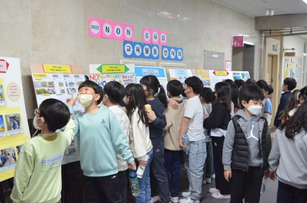 ▲ 대전매봉초등학교 2학년 1반 학생들이 NON-GMO 교육 활동 전시회를 둘러보고 있다. (사진=노다은 기자)