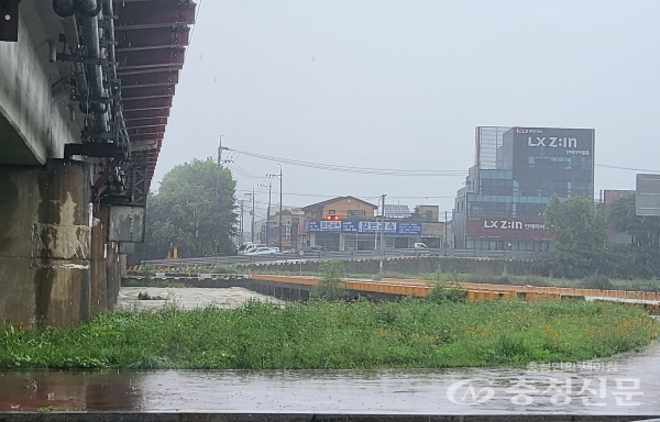 14일 오전 대전에 홍보 경보가 발효 중인 가운데 대전천 하상도로 턱밑까지 물이 차오르며 흐르고 있다.
