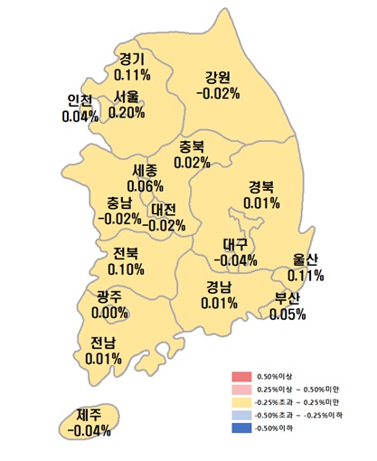 ▲11월 셋째 주 시·도별 아파트 매매가격지수 변동률. (한국부동산원 제공)